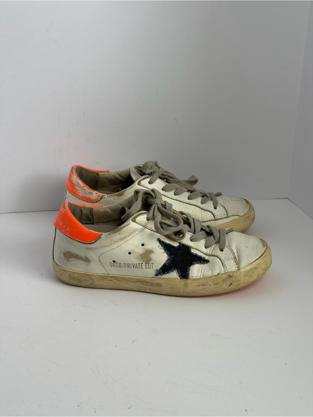 Golden Goose Super-Star White Leather Sneakers Denim Star and Neon Orange
